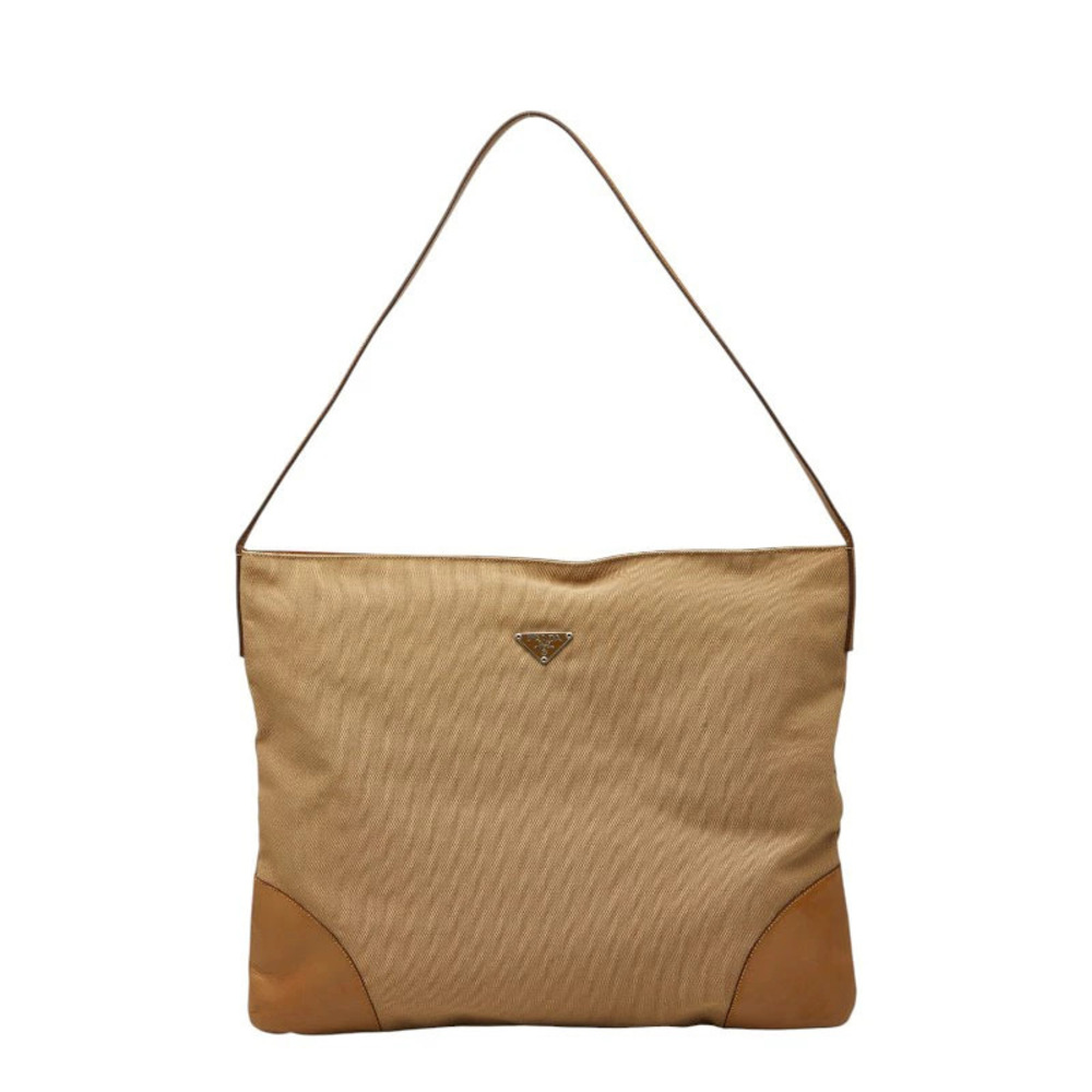 Prada Triangle Plate Hobo Bag Beige Cream Canvas Leather